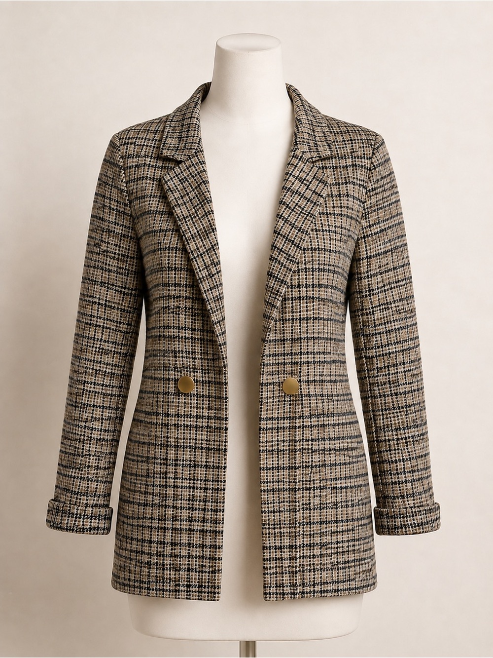 WearEver Plaid Knit Blazer Gold Button Open Front Jacket Medium